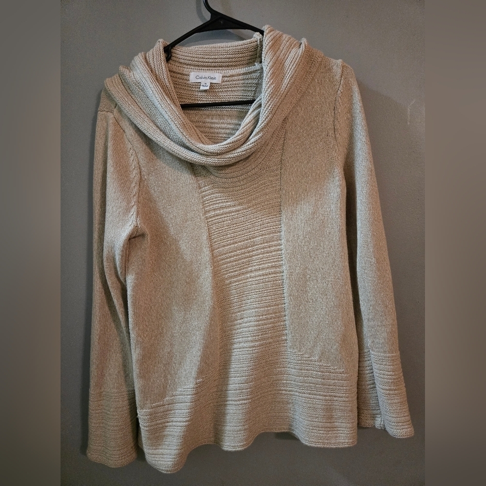 Calvin Klein Medium Cowl Neck Sweater Beige Texture Winter Comfy Long Oversized